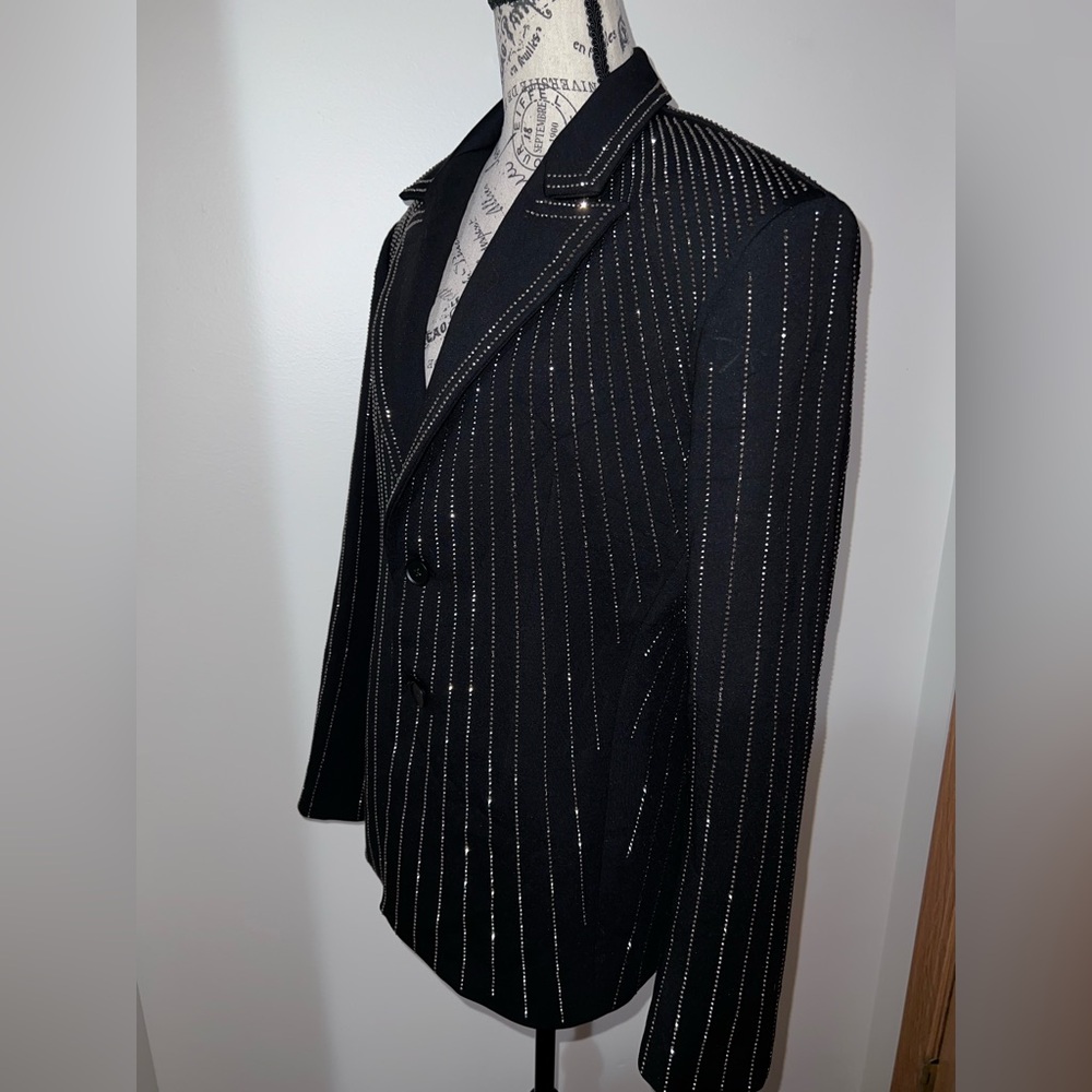 Designer Rhinestone Sequin Embellished Black Rockstar Blazer Medium - Picture 6 of 15